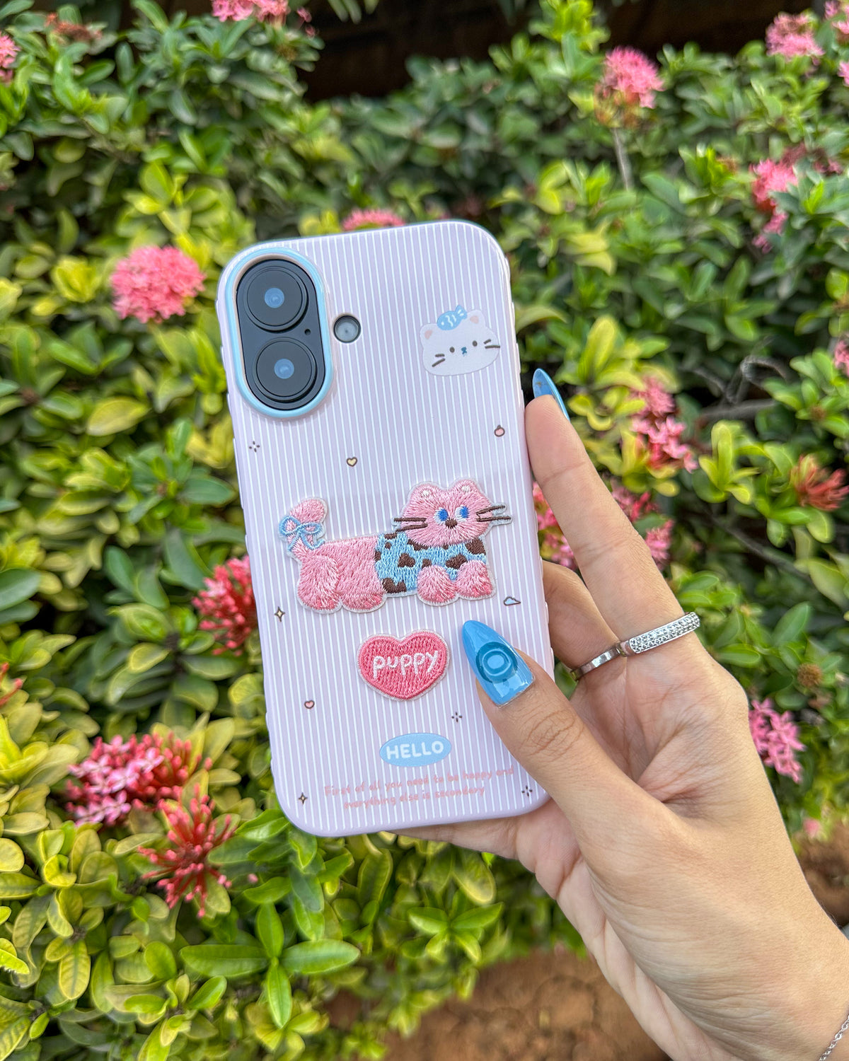 Puppy Love pinstripe iPhone phone case with embroidered plush bow patch and Puppy heart badge – TOKFO