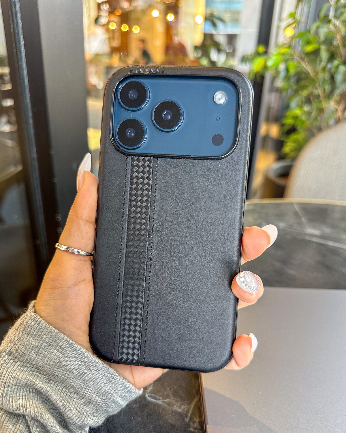 Racer Leather black leatherette iPhone case with vertical woven stripe and open camera cutout – TOKFO