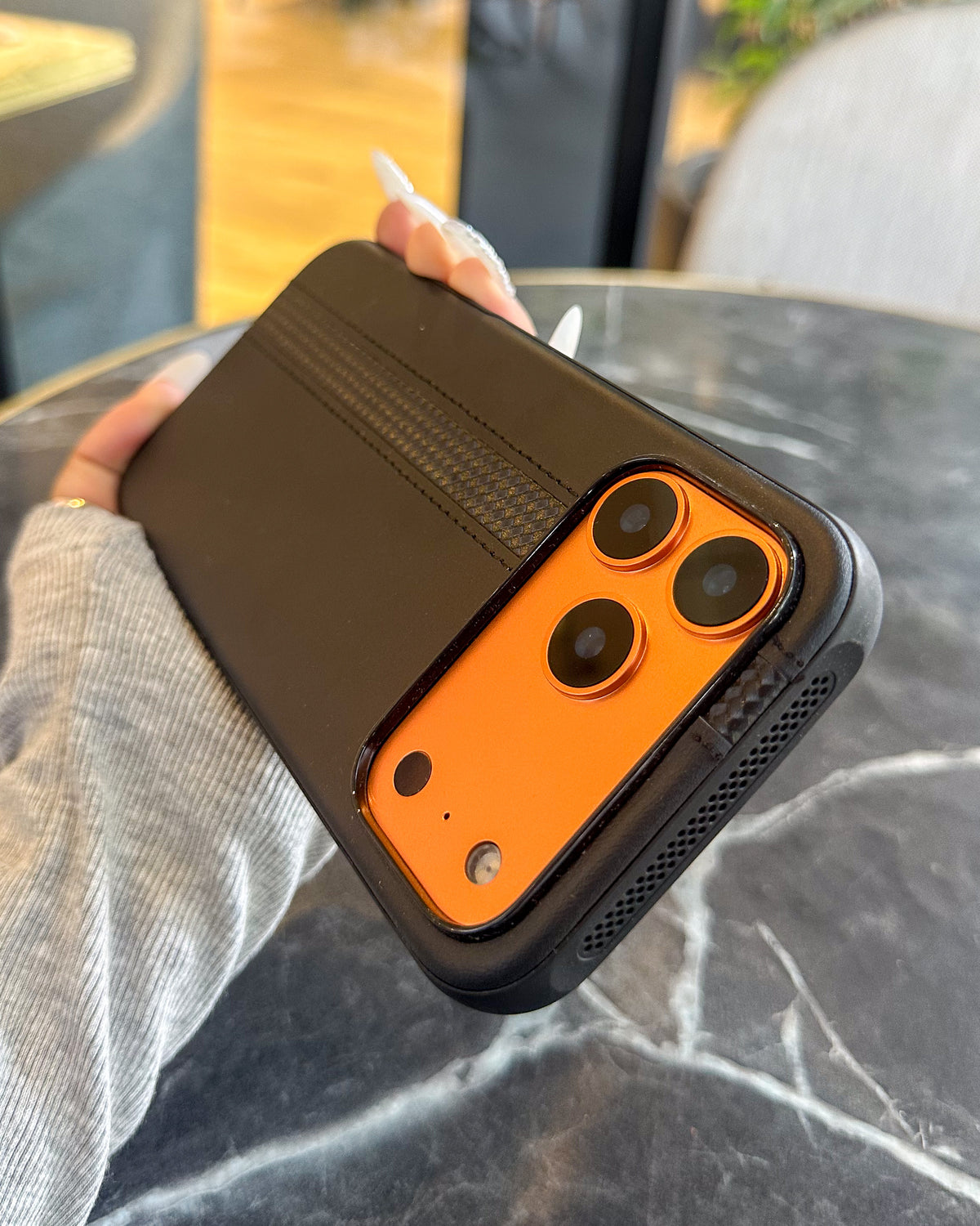 Racer Leather black leatherette iPhone case with vertical woven stripe and open camera cutout – TOKFO
