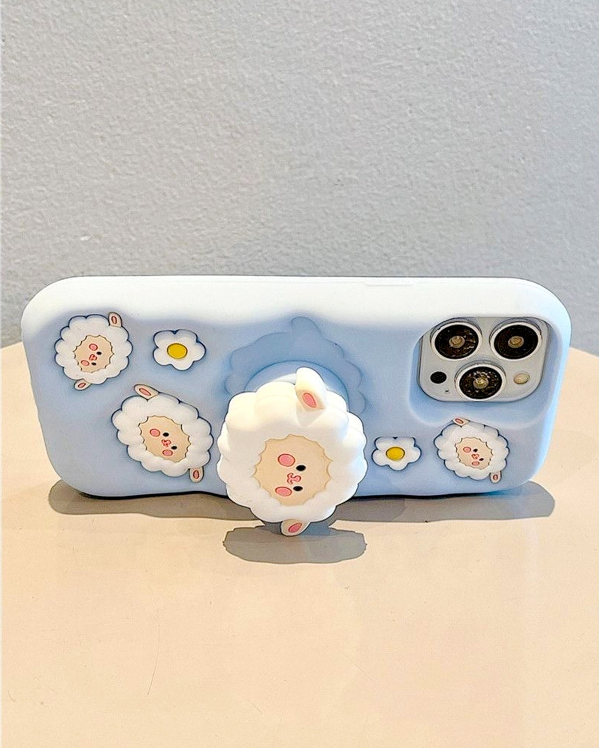 Sheep Baby baby blue silicone iPhone phone case with 3D fluffy sheep, daisy details and pop-out sheep stand – TOKFO
