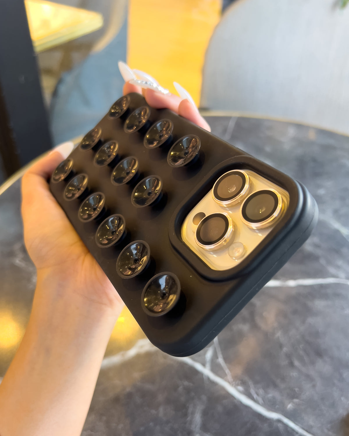 Suction Grip black silicone iPhone case with 3D suction cups and lanyard loop – TOKFO