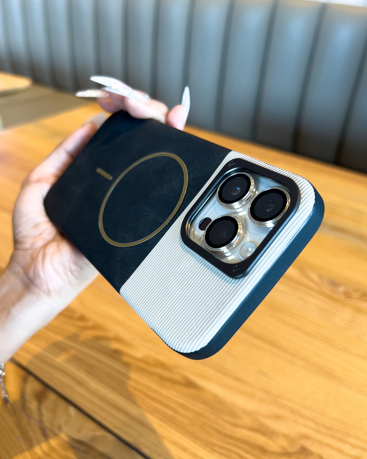 Two Tone MagSafe iPhone case in black – ribbed top, leatherette bottom and gold MagSafe ring – TOKFO