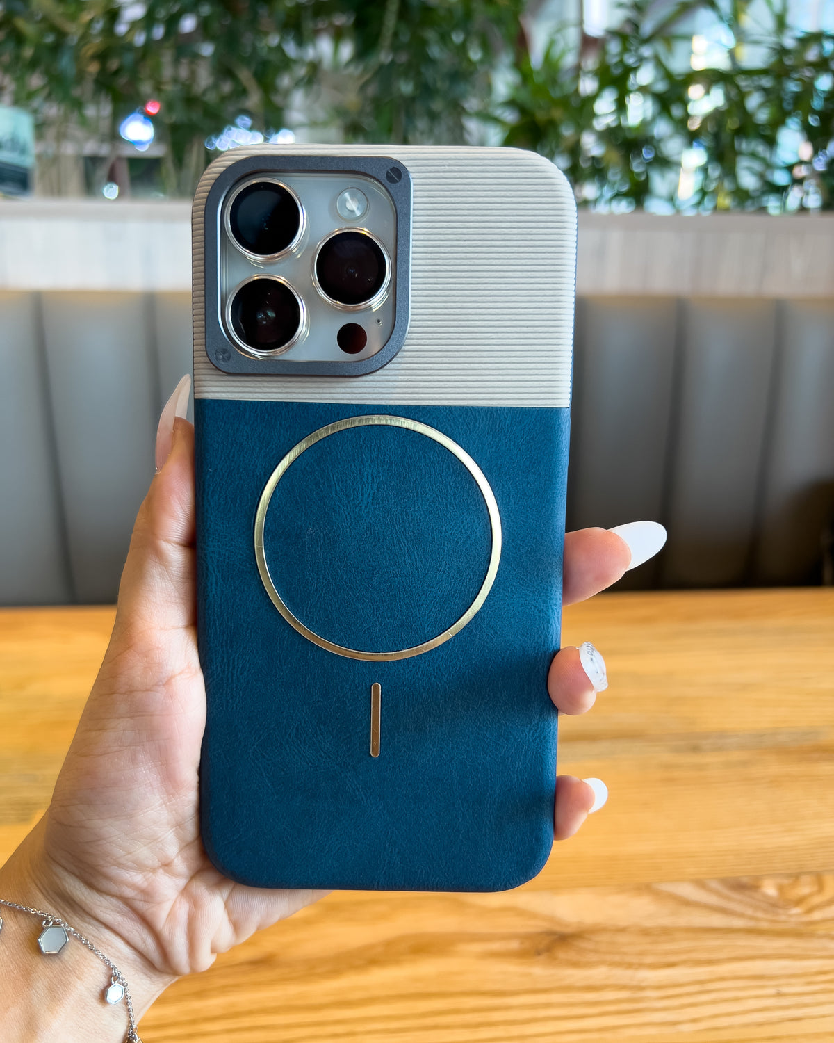 Two Tone MagSafe iPhone case in blue – ribbed top, leatherette bottom and gold MagSafe ring – TOKFO