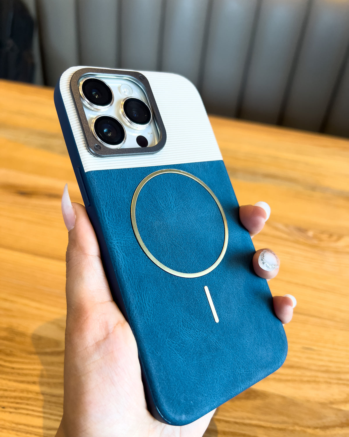 Two Tone MagSafe iPhone case in blue – ribbed top, leatherette bottom and gold MagSafe ring – TOKFO