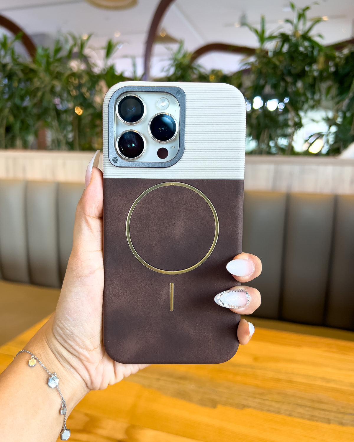 Two Tone MagSafe iPhone case in brown – ribbed top, leatherette bottom and gold MagSafe ring – TOKFO