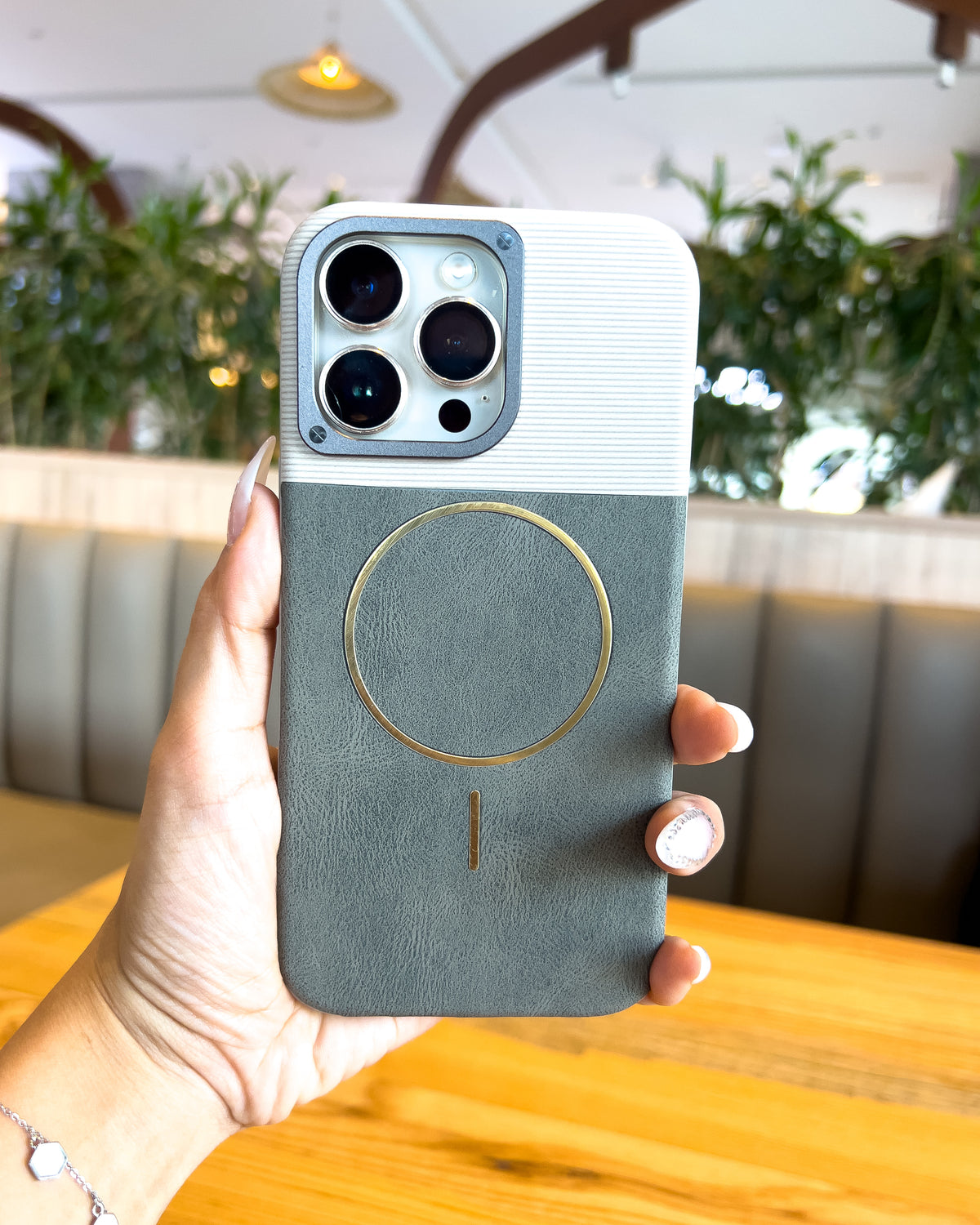 Two Tone MagSafe iPhone case in olive green – ribbed top, leatherette bottom and gold MagSafe ring – TOKFO