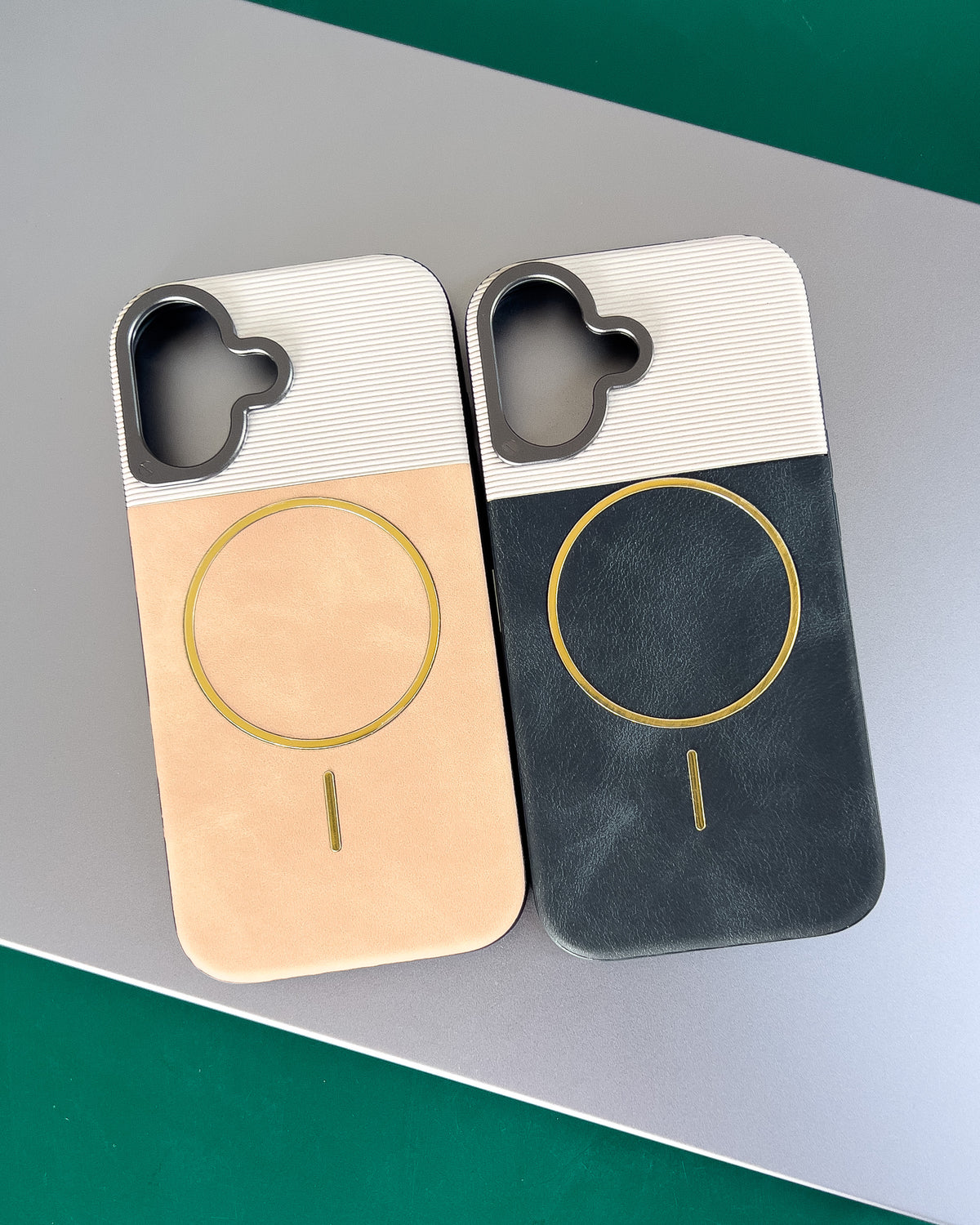 Two Tone MagSafe iPhone case in all five colours – ribbed top, leatherette bottom and gold MagSafe ring – TOKFO