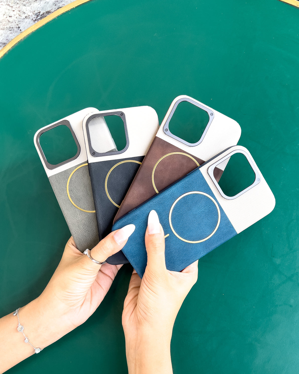 Two Tone MagSafe iPhone case in all five colours – ribbed top, leatherette bottom and gold MagSafe ring – TOKFO