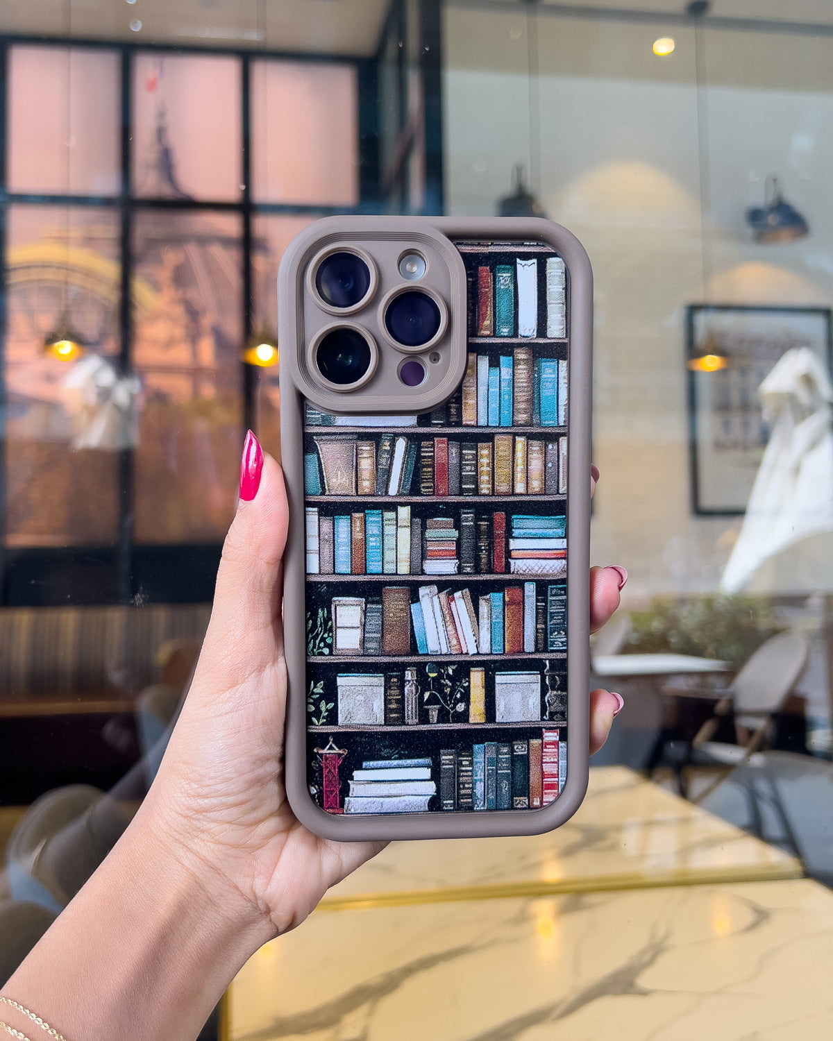 Vintage Bookshelf print iPhone phone case with brown bumper and raised camera ring – TOKFO