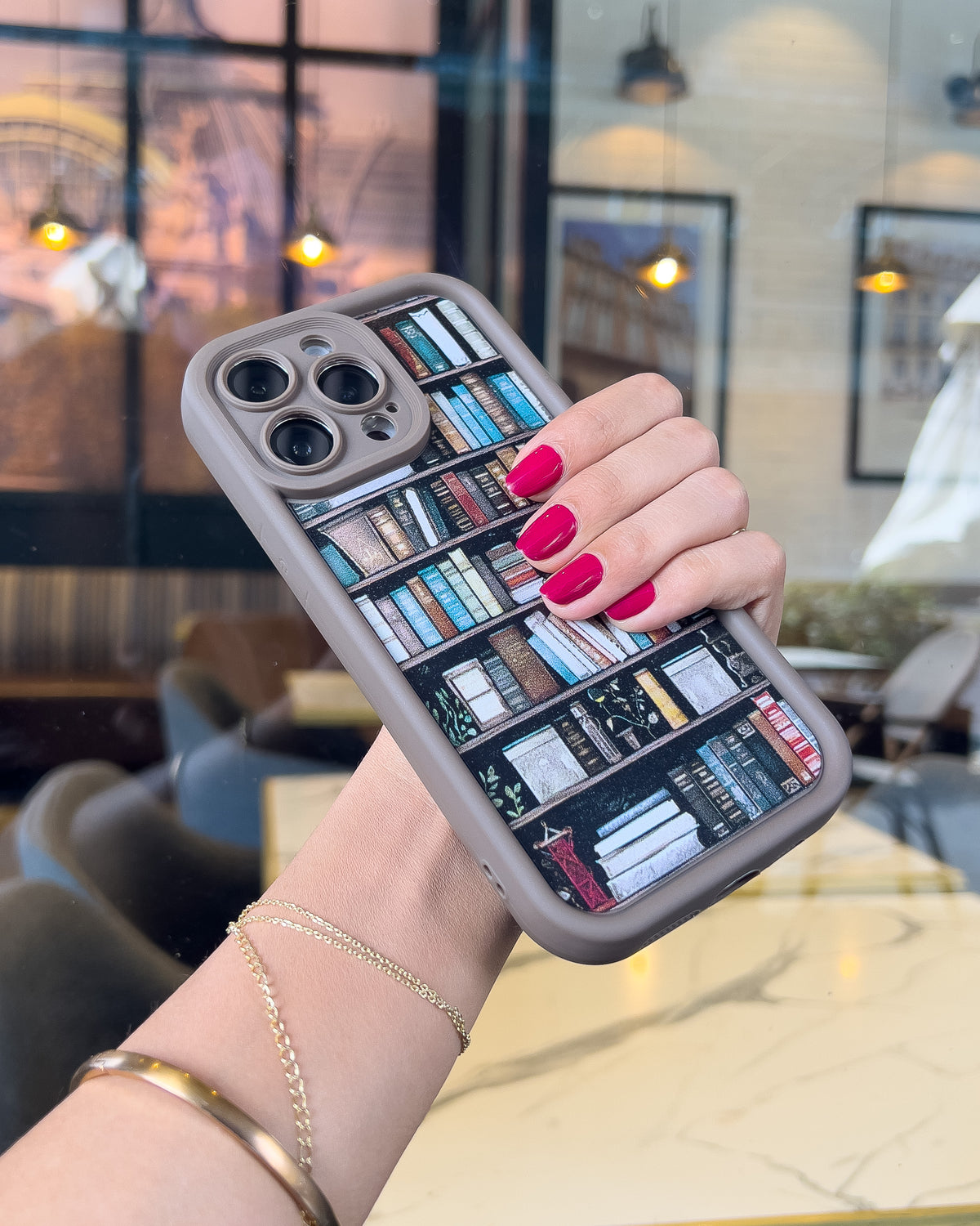 Vintage Bookshelf print iPhone phone case with brown bumper and raised camera ring – TOKFO