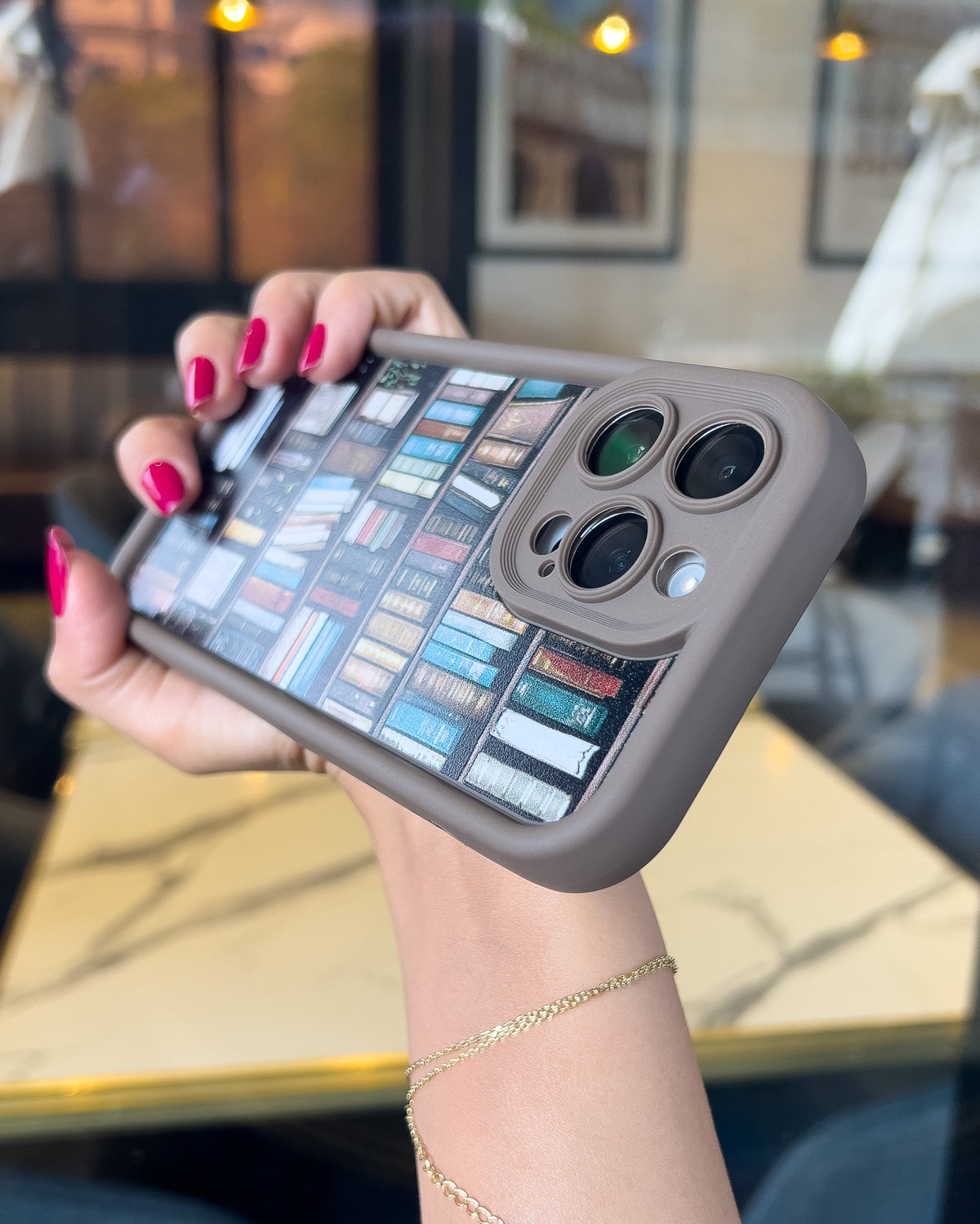 Vintage Bookshelf print iPhone phone case with brown bumper and raised camera ring – TOKFO